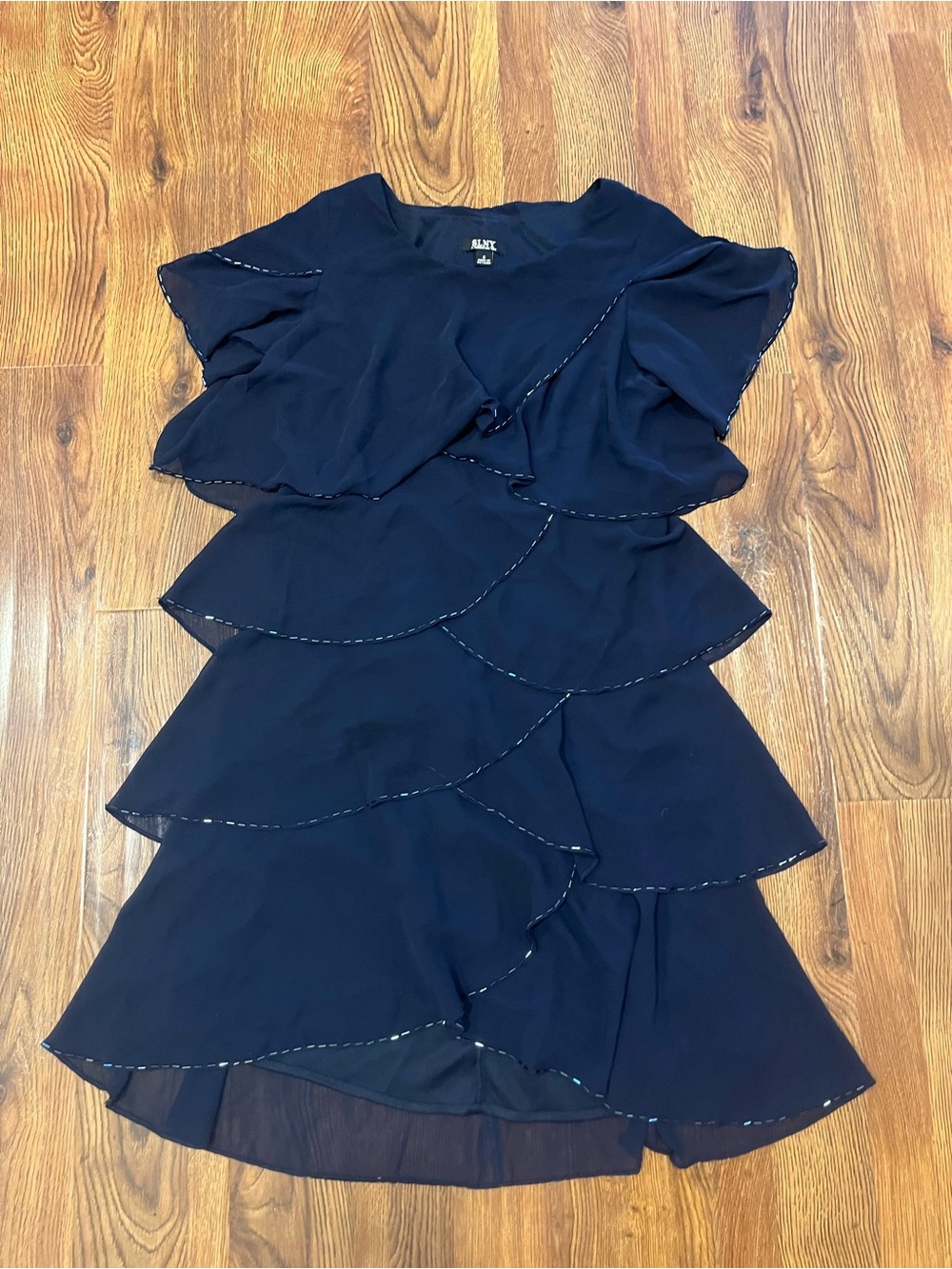 SLNY Navy Layered Ruffle Dress